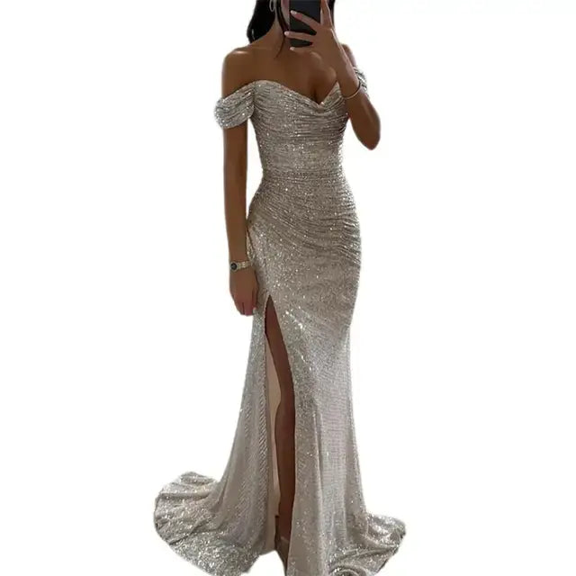 OMNI™ Off-Shoulder V-Neck Sequined Elegant Dress