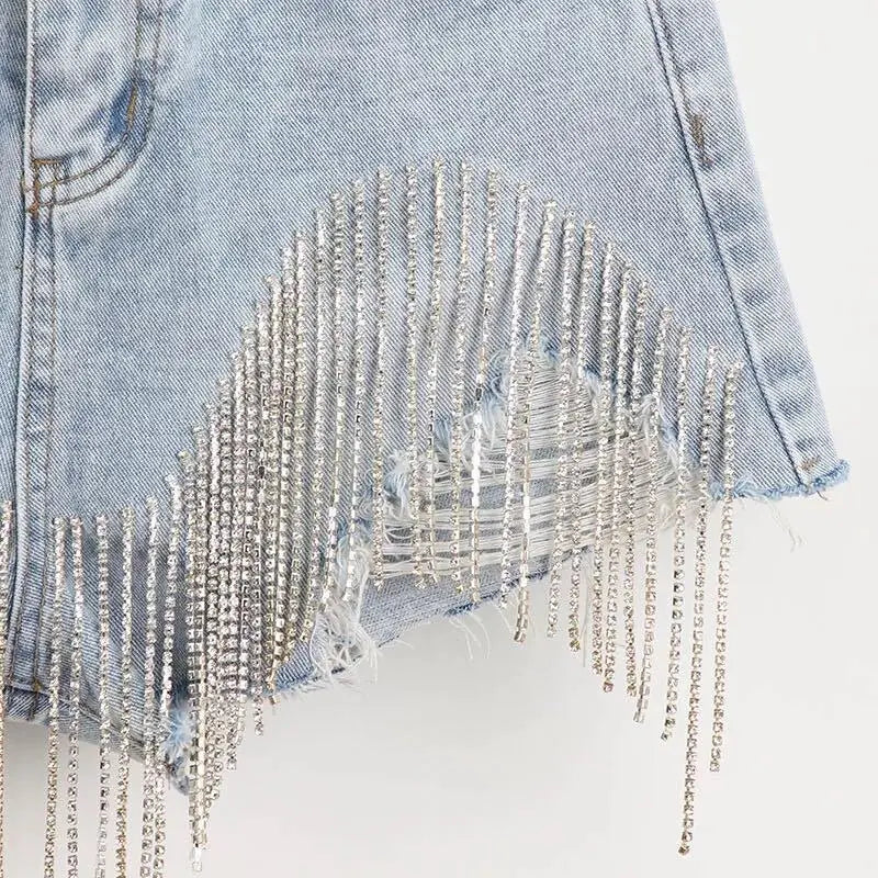 OMNI™ Tassel Rhinestone Denim Shorts