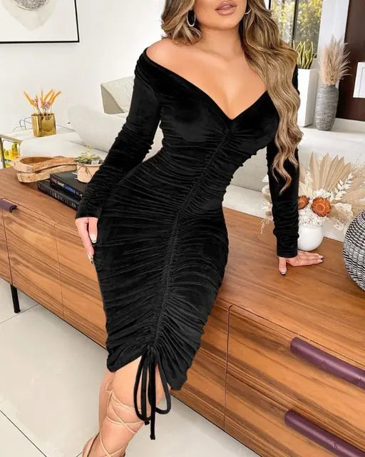 OMNI™ Velvet Drawstring Off Shoulder Midi Dress