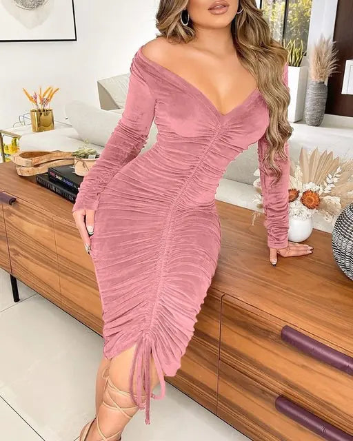 OMNI™ Velvet Drawstring Off Shoulder Midi Dress